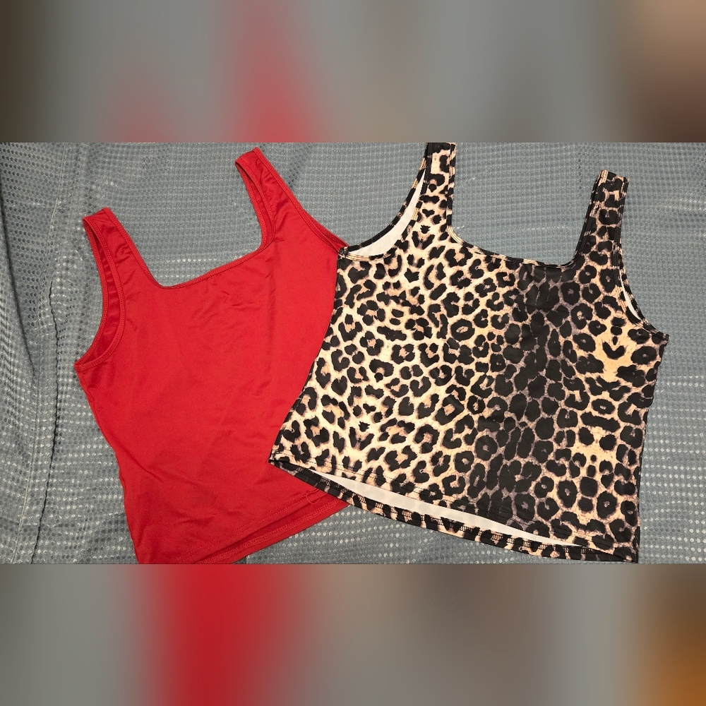SHEIN Red and Leopard Print Tank Tops